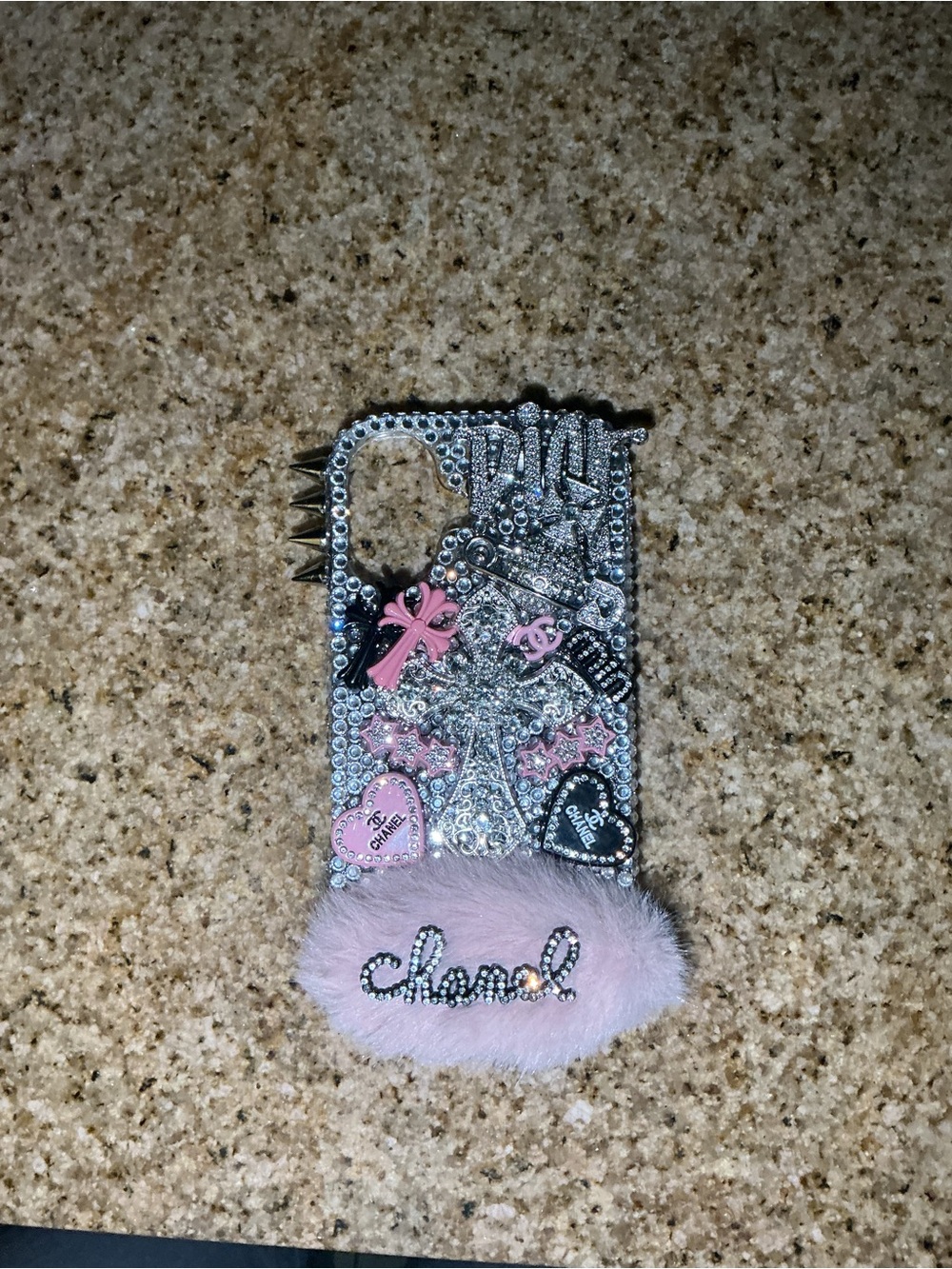 CHANEL Pink Faux Fur Rhinestone Embellished Phone Case with Charms